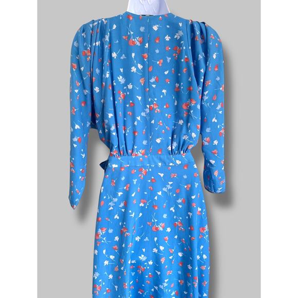 Joie Blue Floral Wrap Dress Size XS Long Sleeve V-Neck Midi Dress Asymmetric Hem - Picture 3 of 11